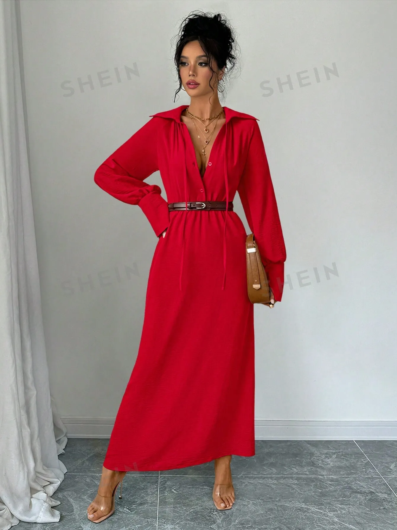 Women's Drawstring Elegant Casual Daily Long Sleeve Ruffled Collar Blouse Dress