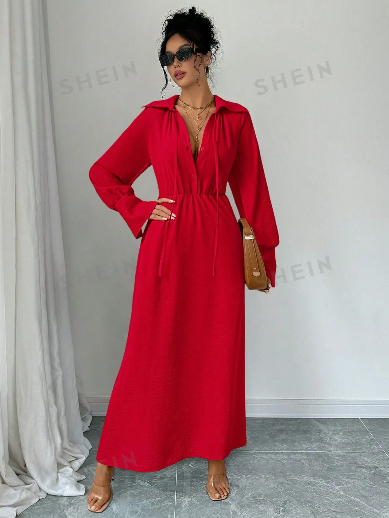 Women's Drawstring Elegant Casual Daily Long Sleeve Ruffled Collar Blouse Dress