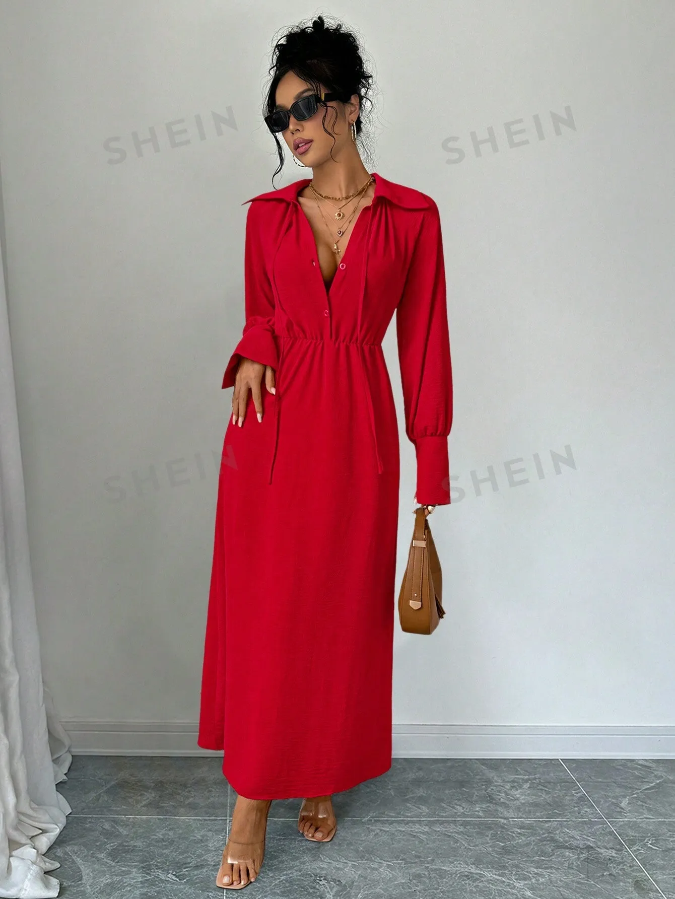 Women's Drawstring Elegant Casual Daily Long Sleeve Ruffled Collar Blouse Dress