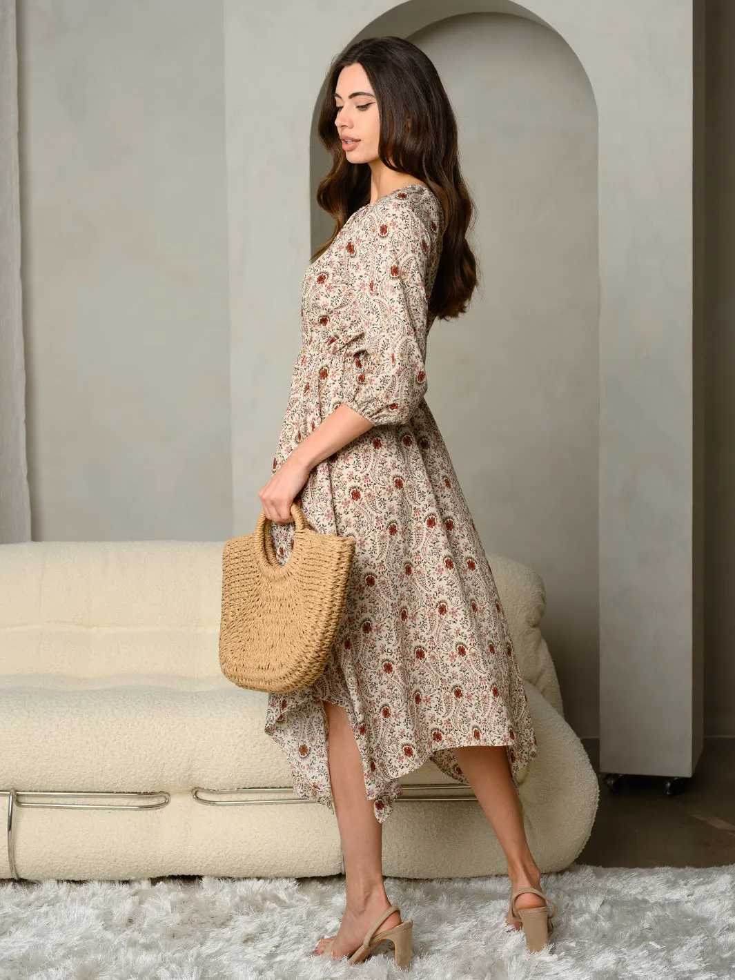 WOMEN'S FLORAL & PAISLEY PRINT TIE NECK BAND 3/4 SLEEVE MAXI DRESS