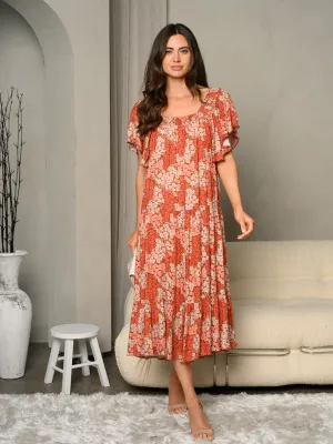 WOMEN'S FLORAL PRINT SMOCKED NECK RUFFLE SLEEVE MIDI DRESS