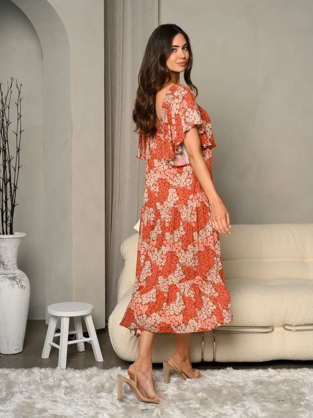 WOMEN'S FLORAL PRINT SMOCKED NECK RUFFLE SLEEVE MIDI DRESS