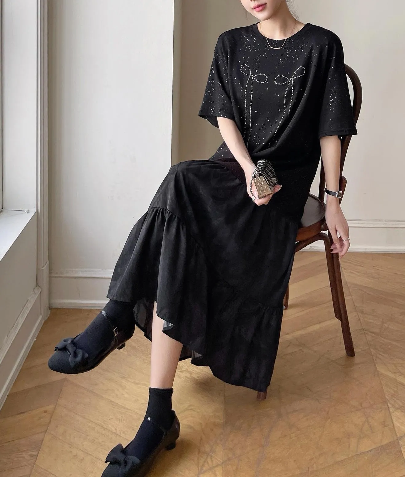 Women's Low Waist T-Shirt Dress with Rhinestone Embellishments