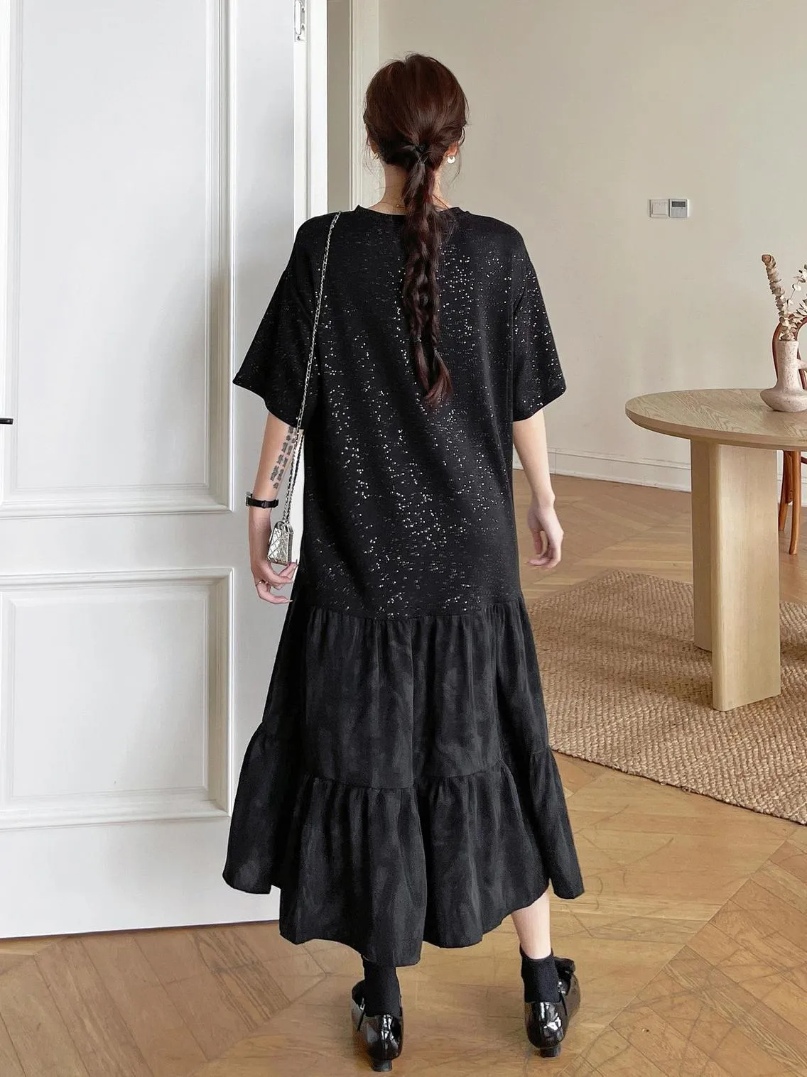 Women's Low Waist T-Shirt Dress with Rhinestone Embellishments