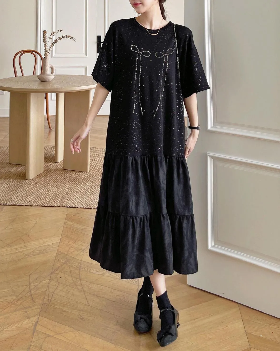 Women's Low Waist T-Shirt Dress with Rhinestone Embellishments