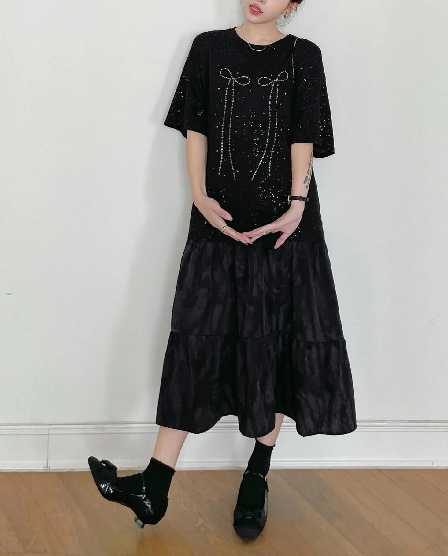 Women's Low Waist T-Shirt Dress with Rhinestone Embellishments