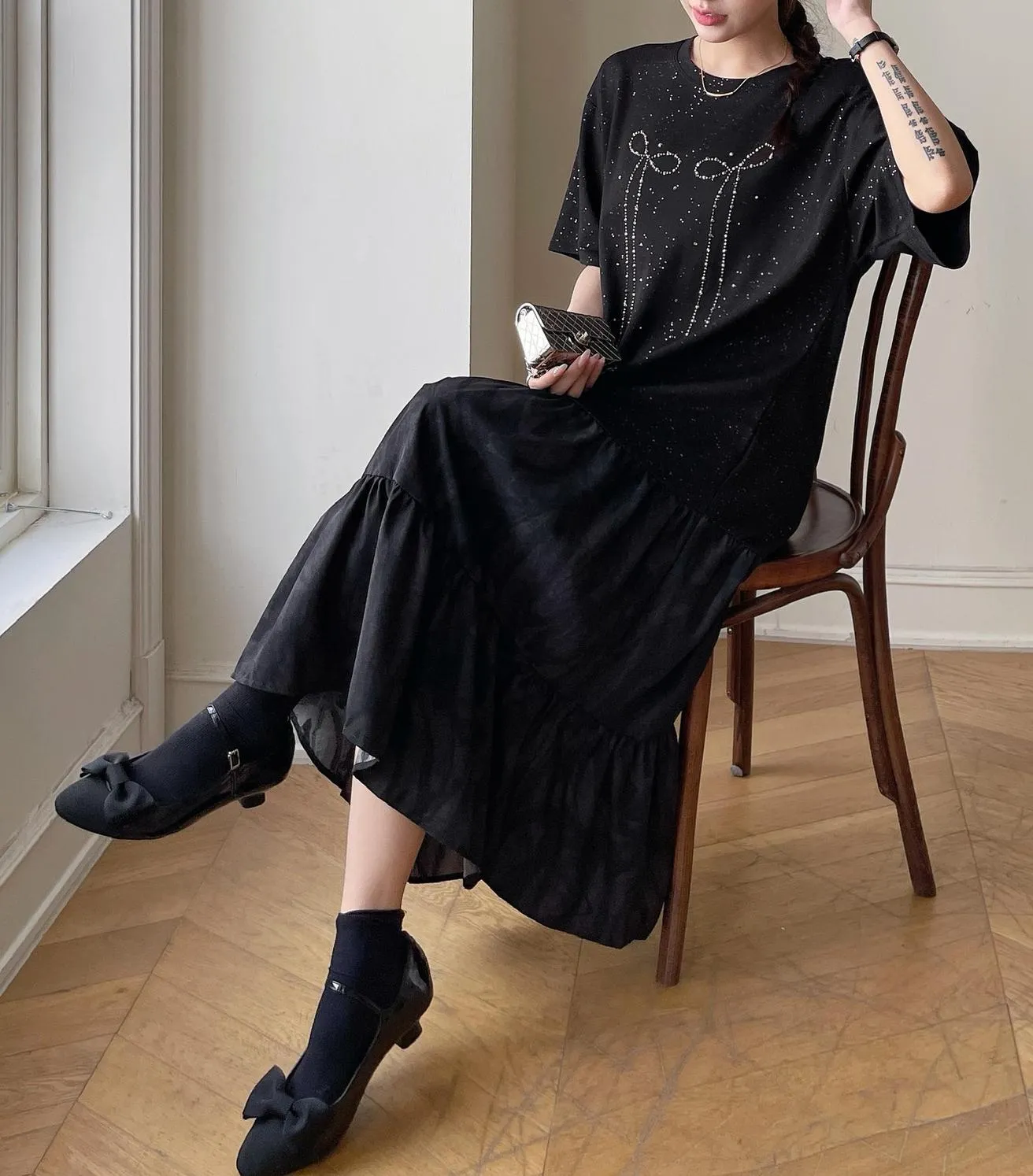 Women's Low Waist T-Shirt Dress with Rhinestone Embellishments