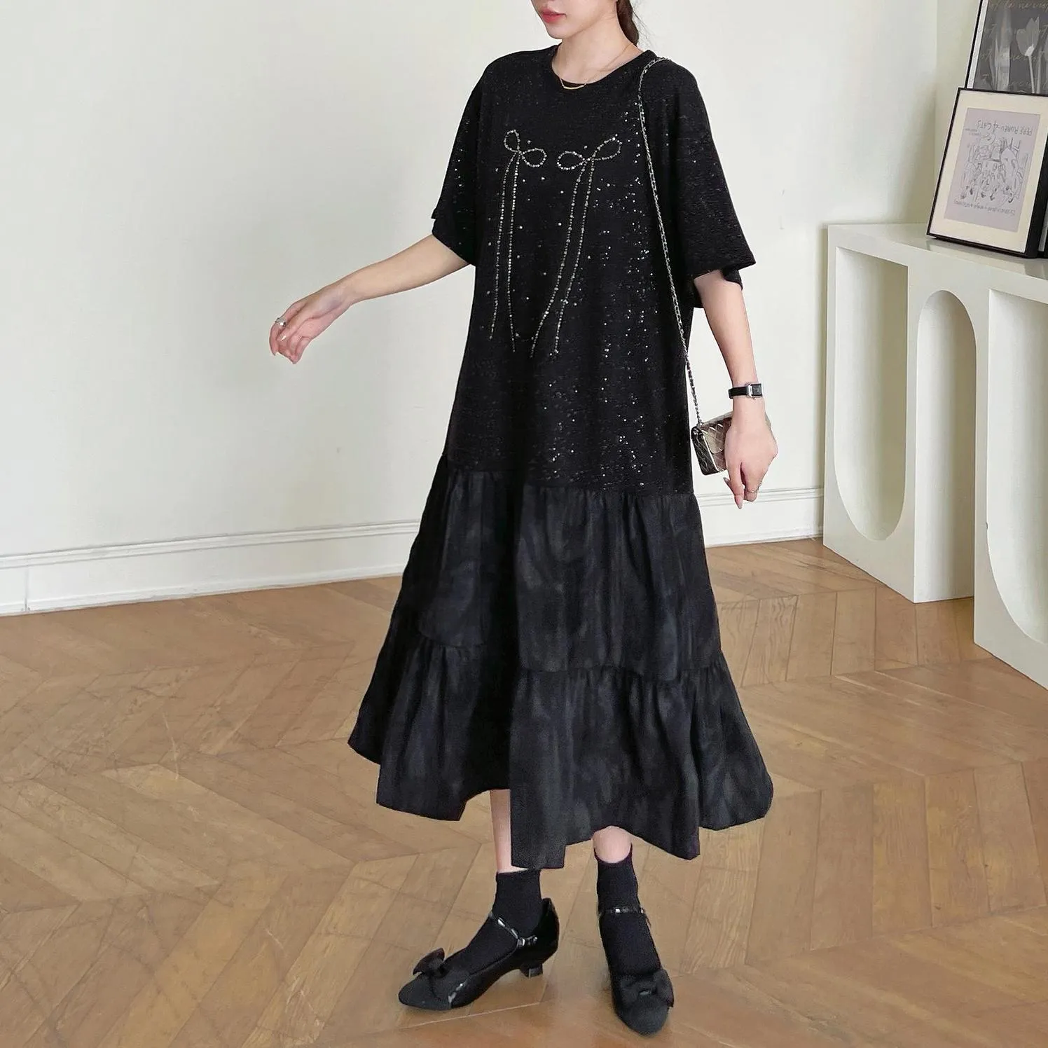 Women's Low Waist T-Shirt Dress with Rhinestone Embellishments