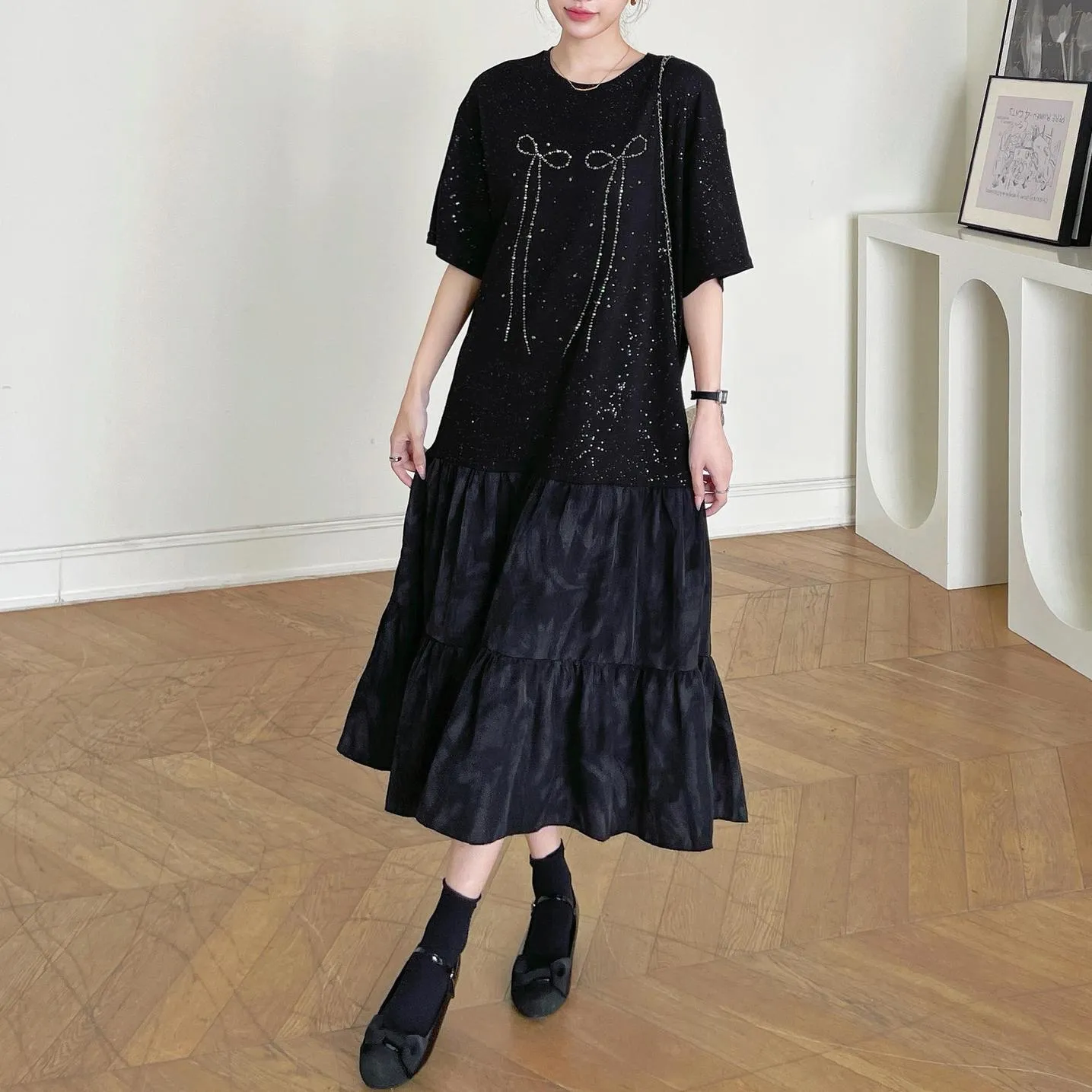 Women's Low Waist T-Shirt Dress with Rhinestone Embellishments