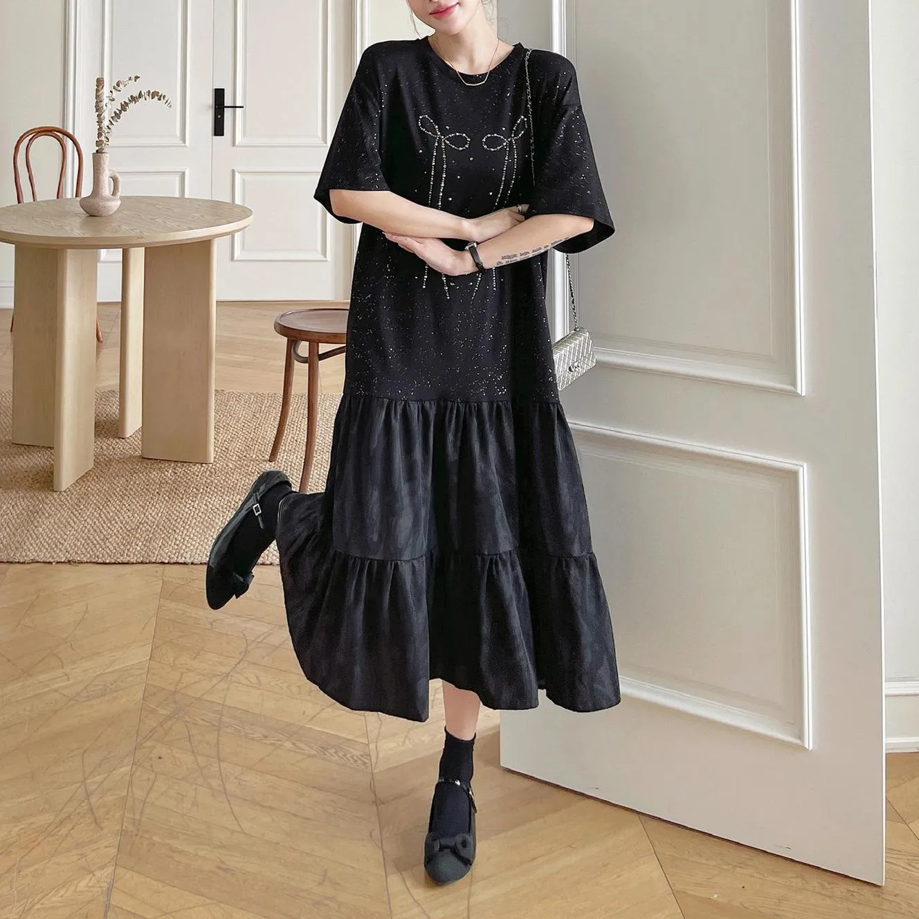 Women's Low Waist T-Shirt Dress with Rhinestone Embellishments