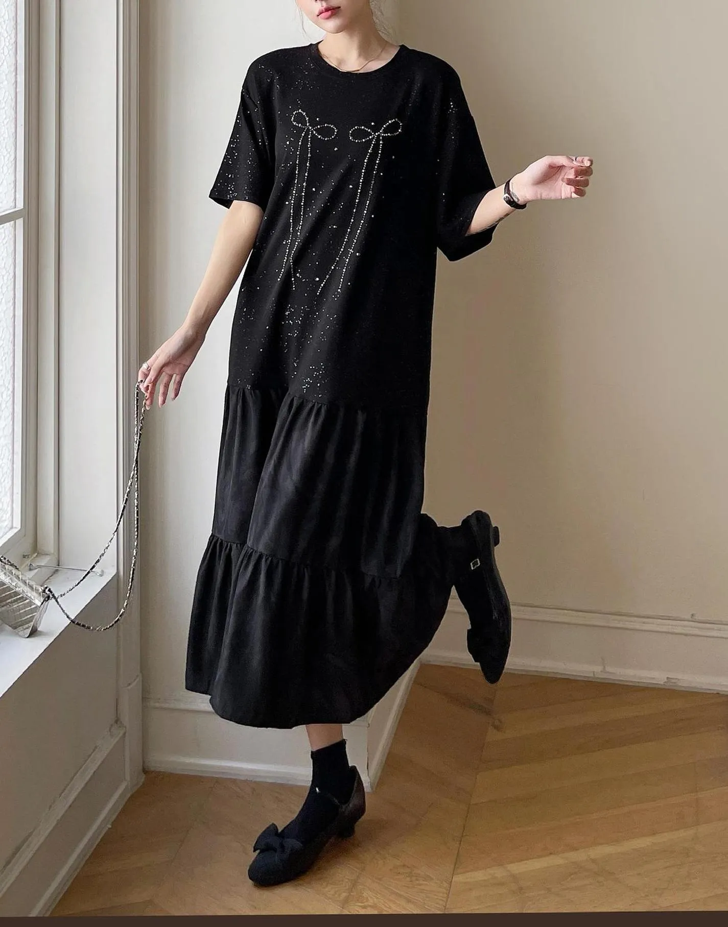 Women's Low Waist T-Shirt Dress with Rhinestone Embellishments