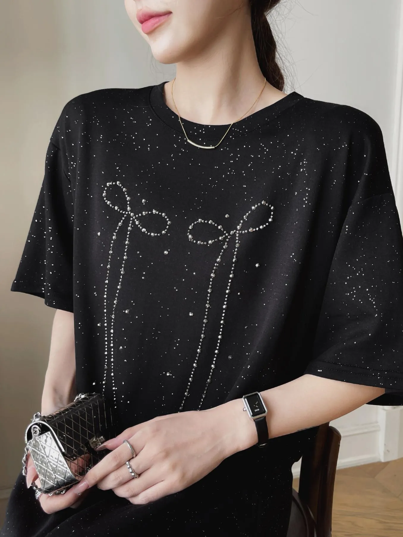 Women's Low Waist T-Shirt Dress with Rhinestone Embellishments