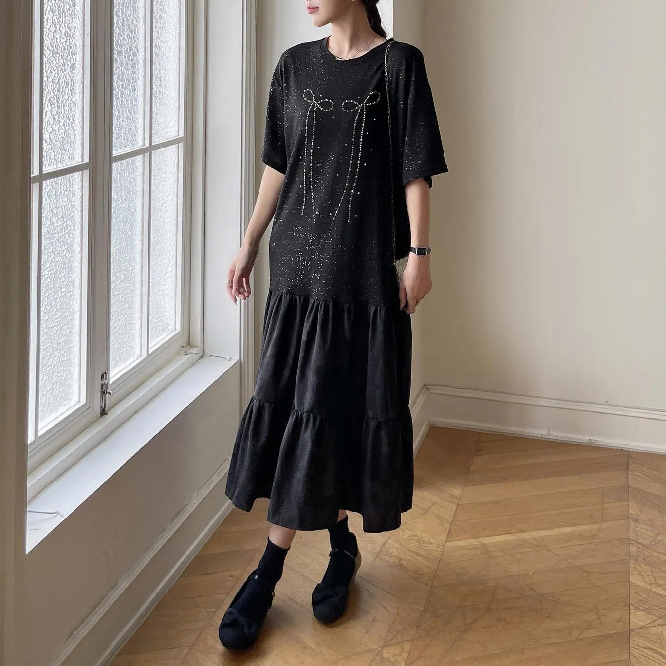 Women's Low Waist T-Shirt Dress with Rhinestone Embellishments