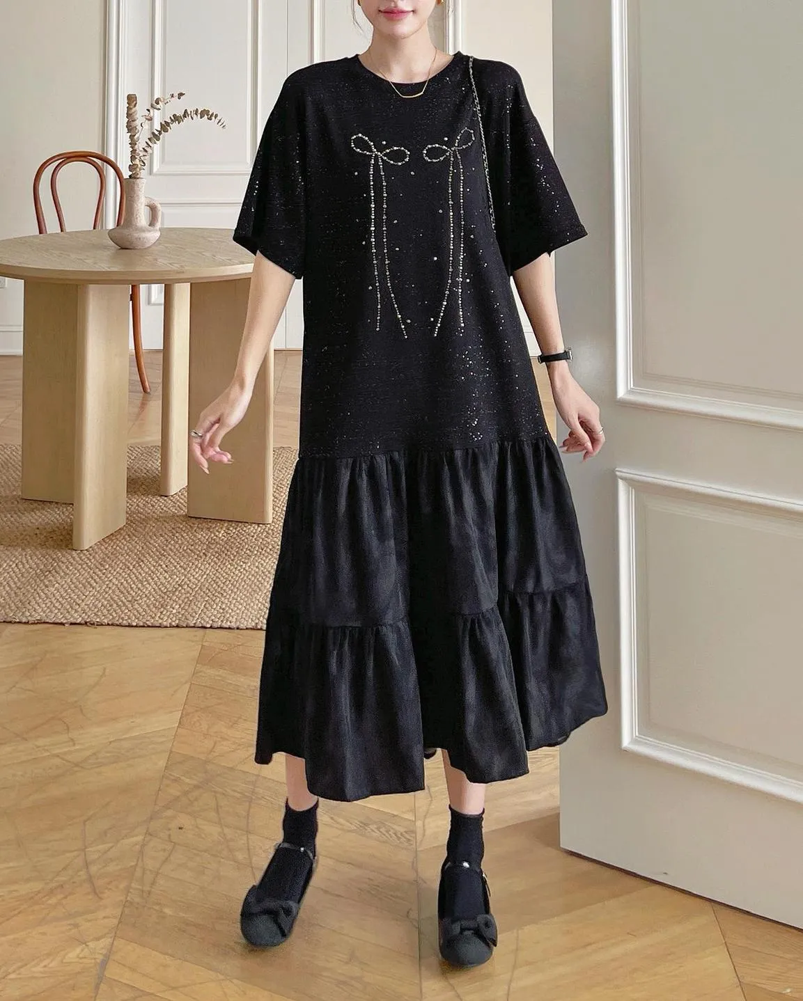 Women's Low Waist T-Shirt Dress with Rhinestone Embellishments