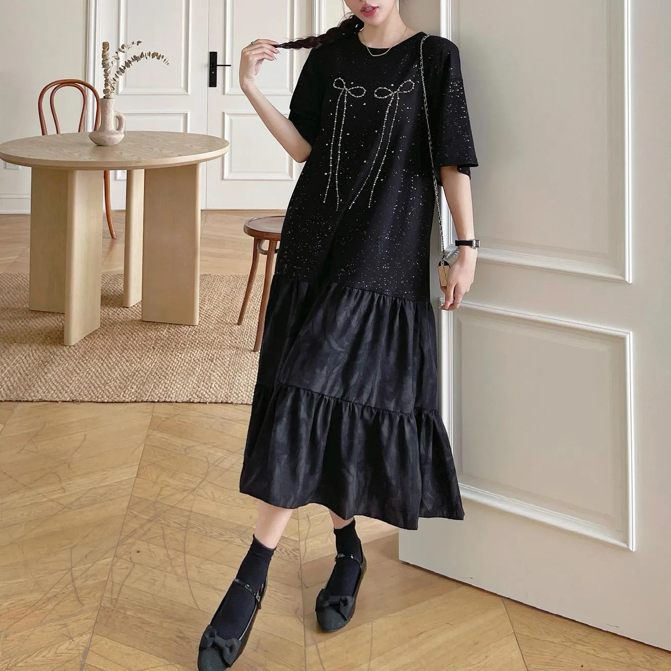 Women's Low Waist T-Shirt Dress with Rhinestone Embellishments
