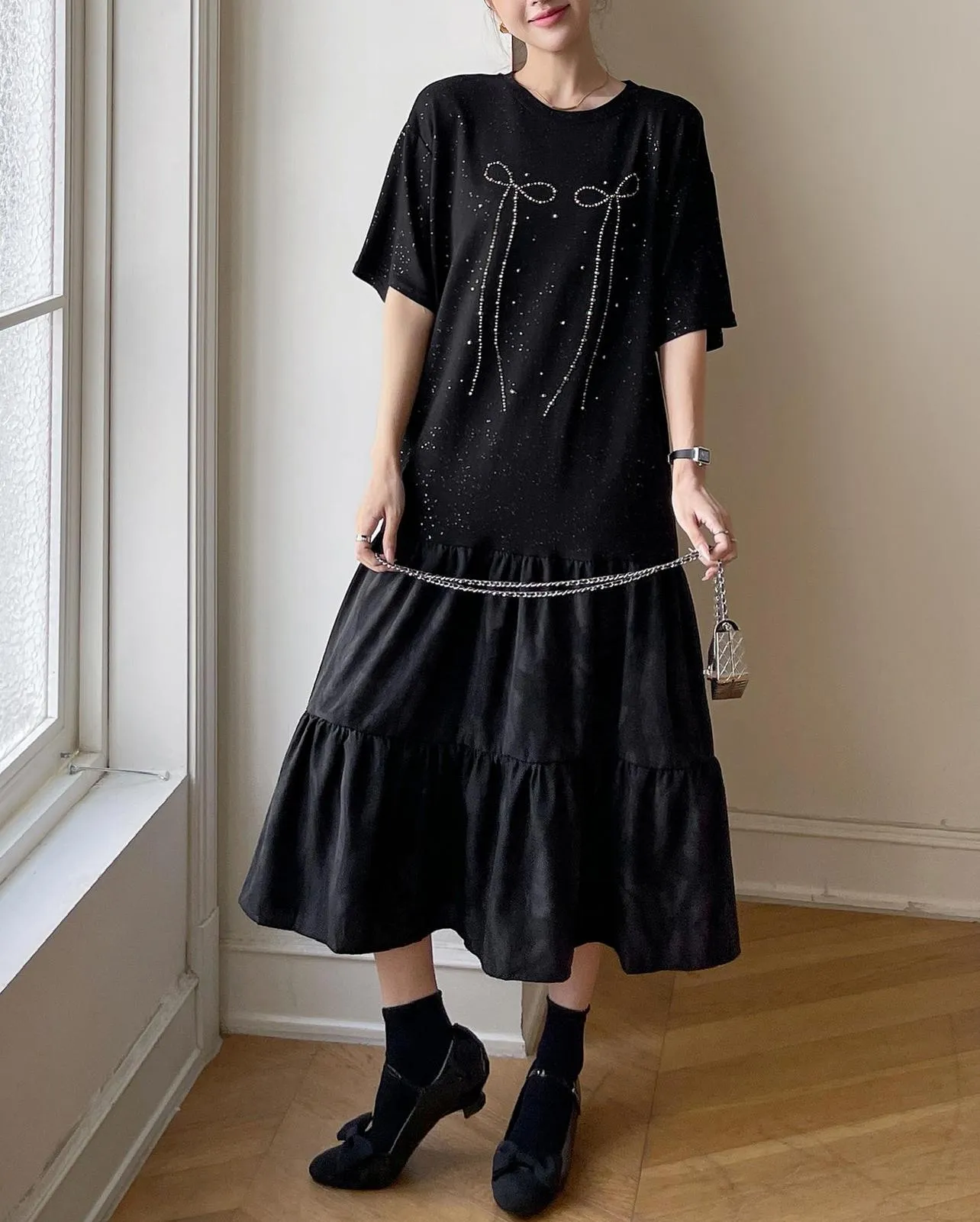 Women's Low Waist T-Shirt Dress with Rhinestone Embellishments