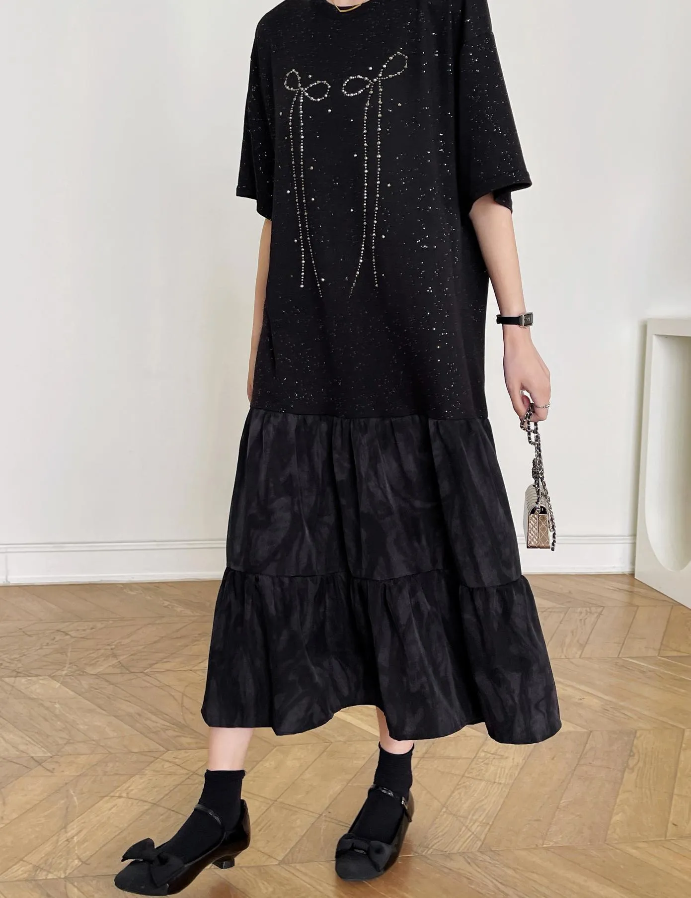 Women's Low Waist T-Shirt Dress with Rhinestone Embellishments