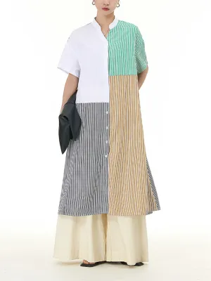 Women's Short Sleeve Vertical Stripe Patchwork A-Line Shirt Dress