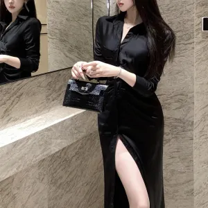 Women's Slinky French Style Shirt Shirtwaist Dress with Spread Neckline and Waist Adjustment