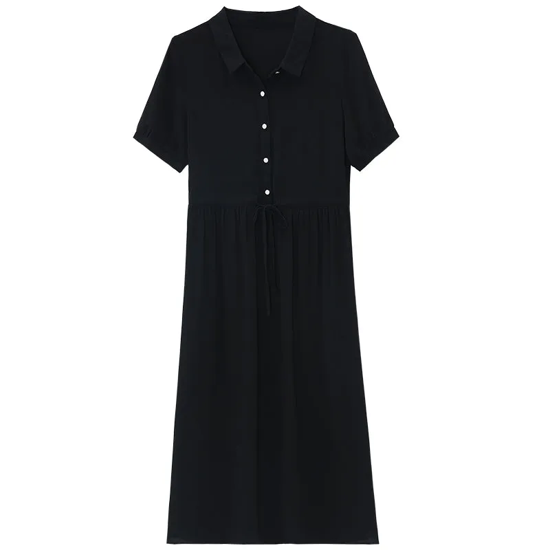 Women's Solid Color Chiffon Button-up T-Shirt Dress with Shirred Waist