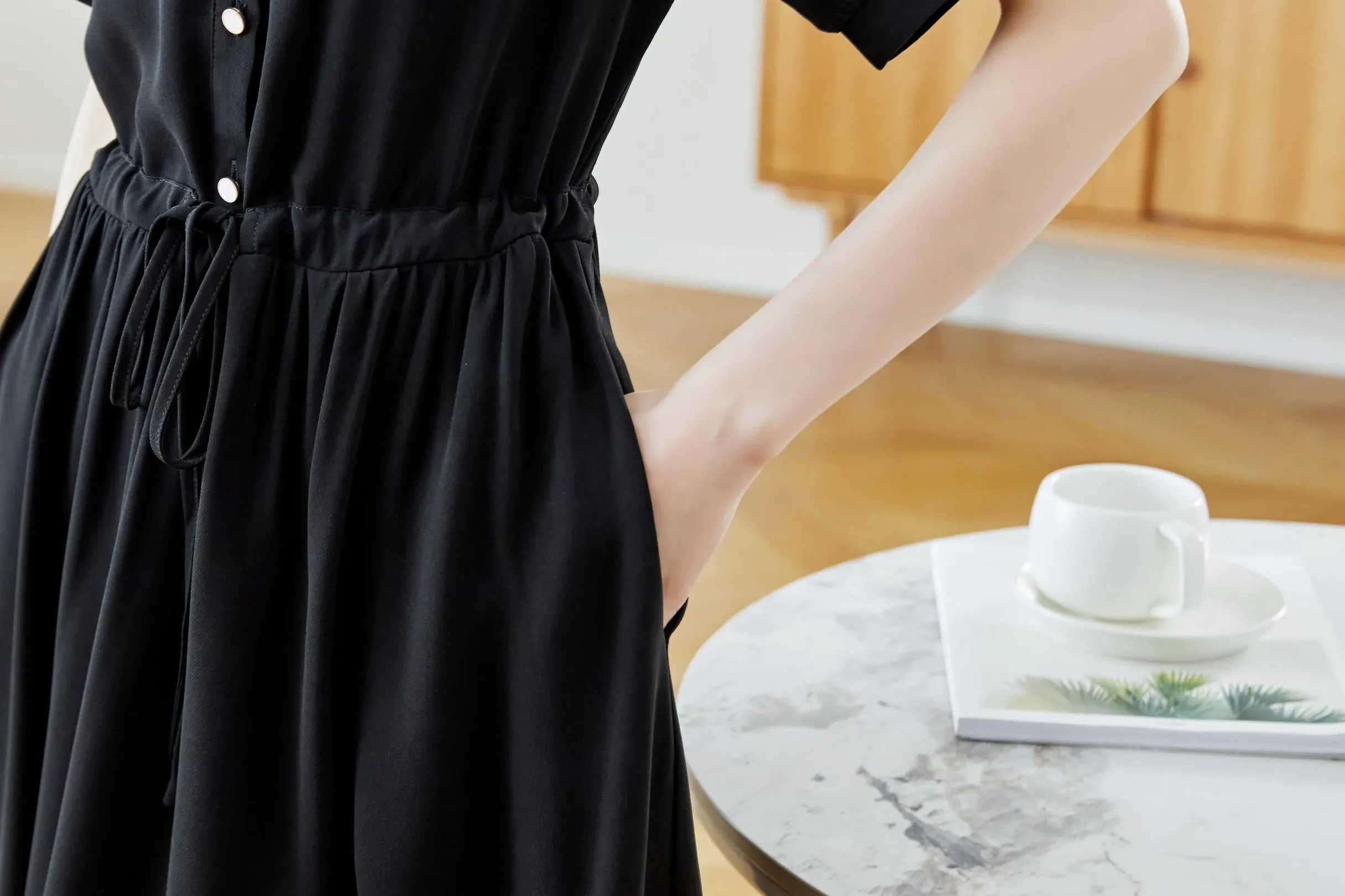 Women's Solid Color Chiffon Button-up T-Shirt Dress with Shirred Waist