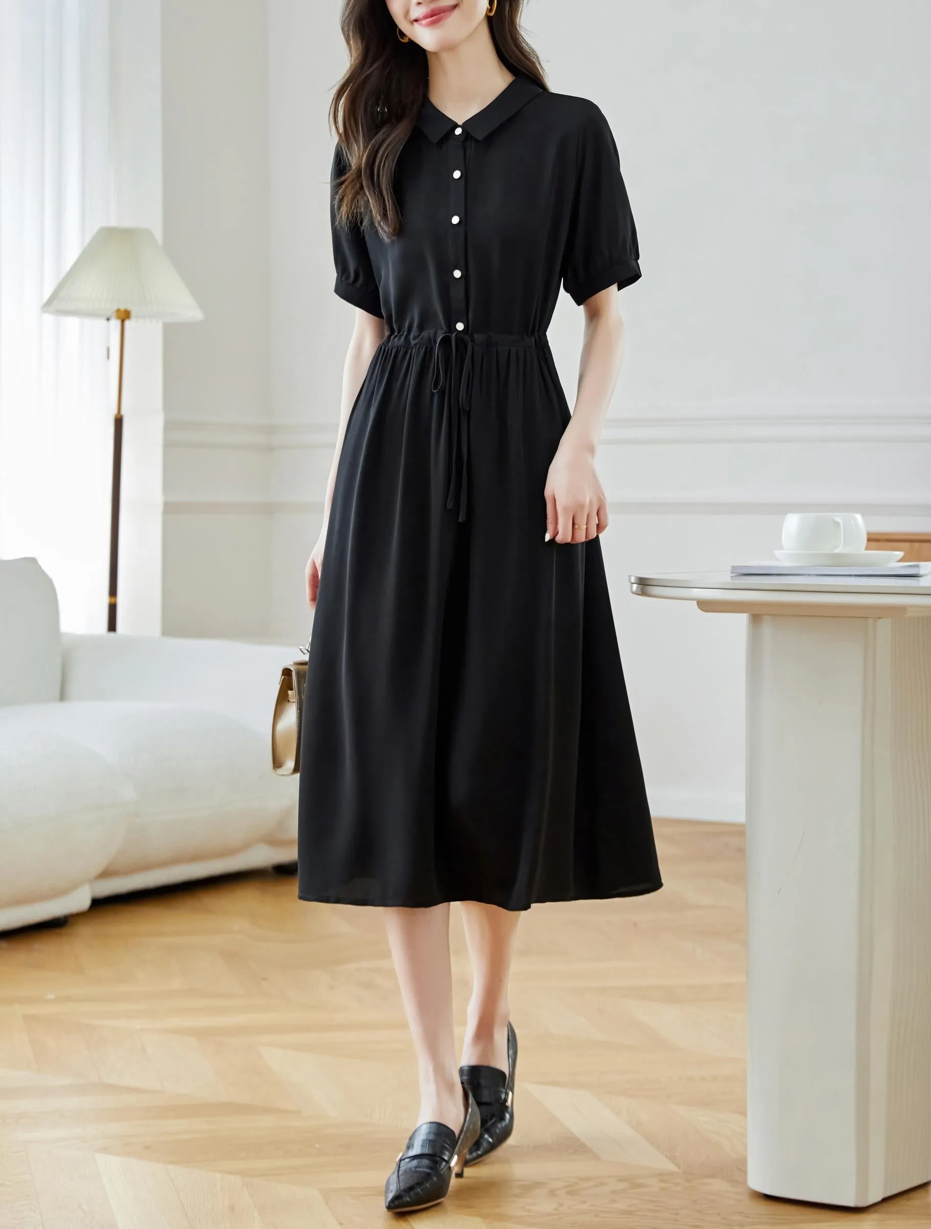 Women's Solid Color Chiffon Button-up T-Shirt Dress with Shirred Waist