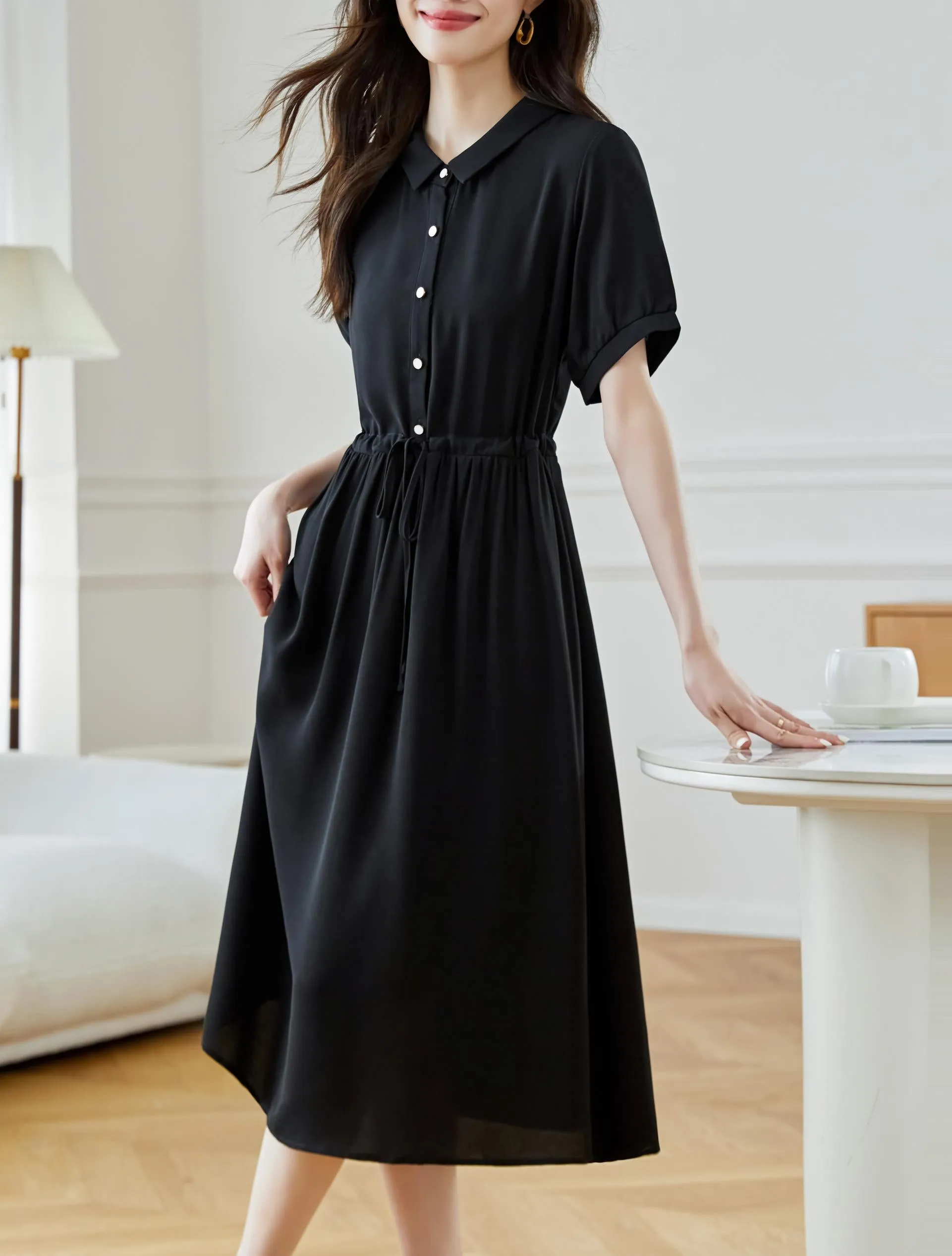 Women's Solid Color Chiffon Button-up T-Shirt Dress with Shirred Waist