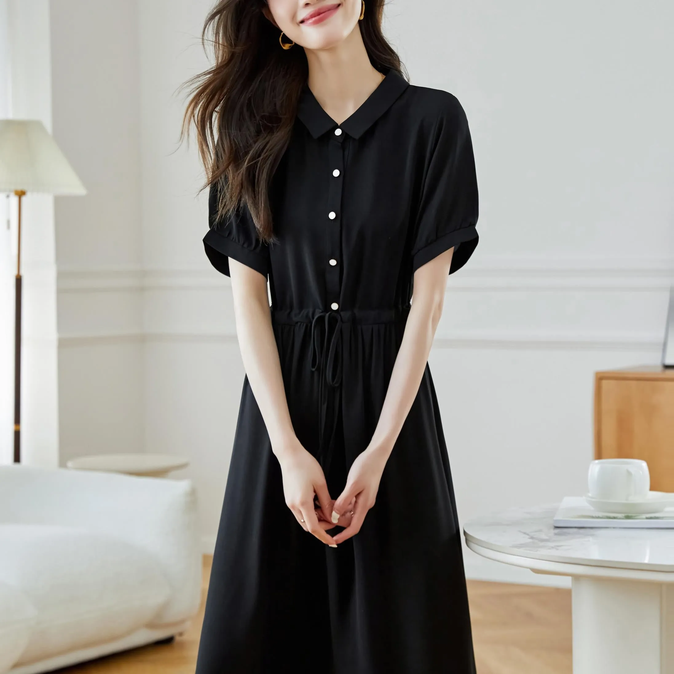 Women's Solid Color Chiffon Button-up T-Shirt Dress with Shirred Waist