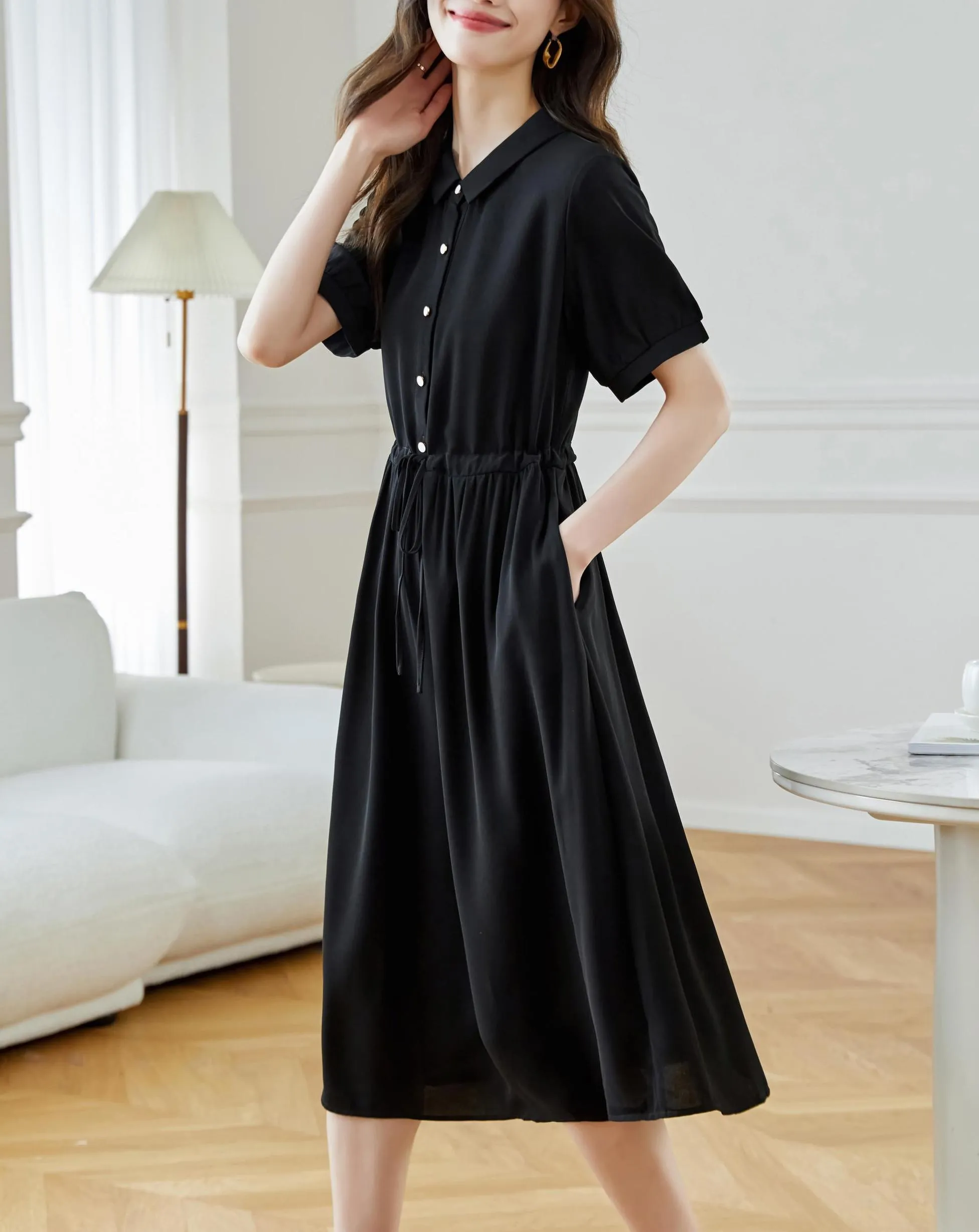 Women's Solid Color Chiffon Button-up T-Shirt Dress with Shirred Waist