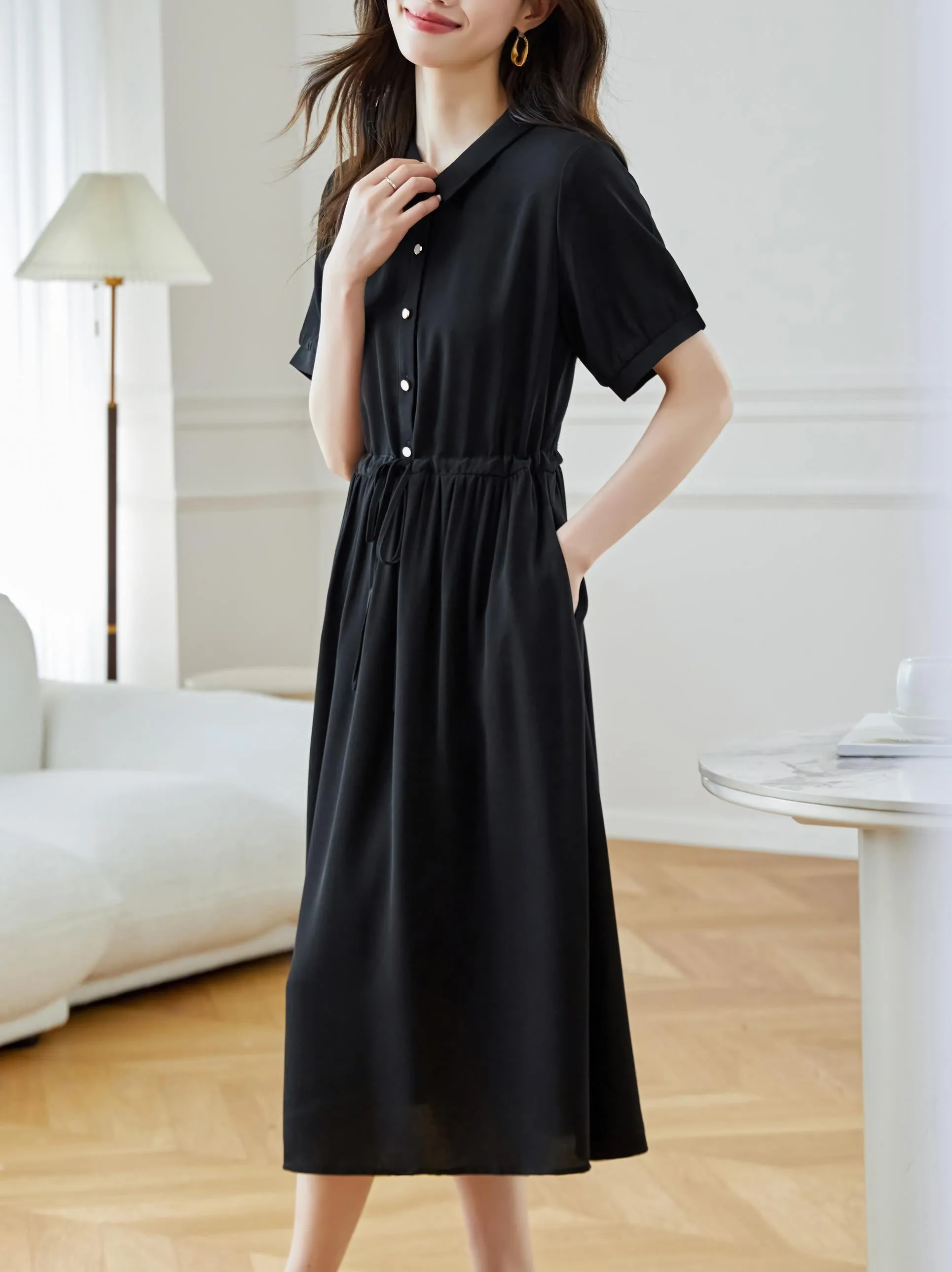Women's Solid Color Chiffon Button-up T-Shirt Dress with Shirred Waist