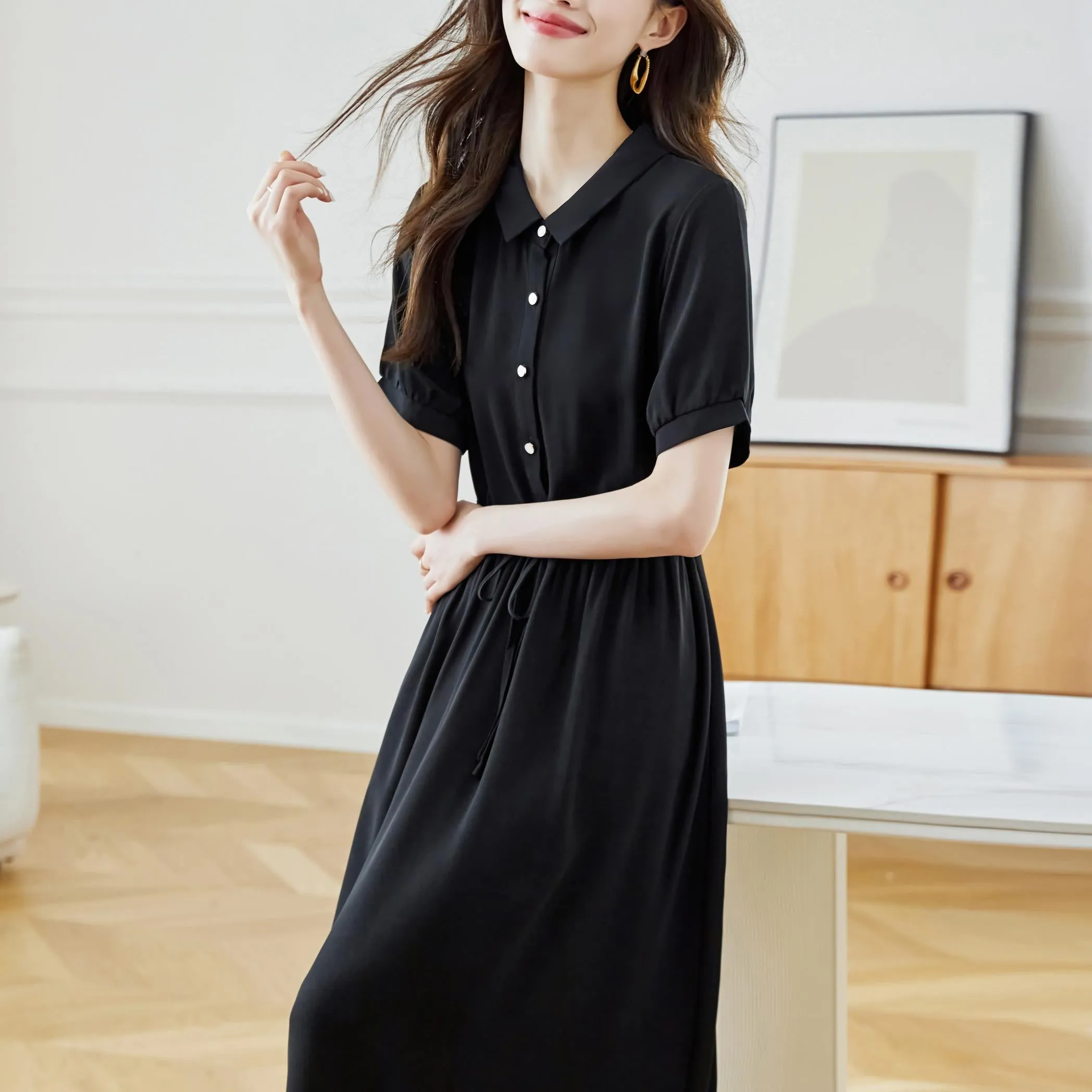 Women's Solid Color Chiffon Button-up T-Shirt Dress with Shirred Waist