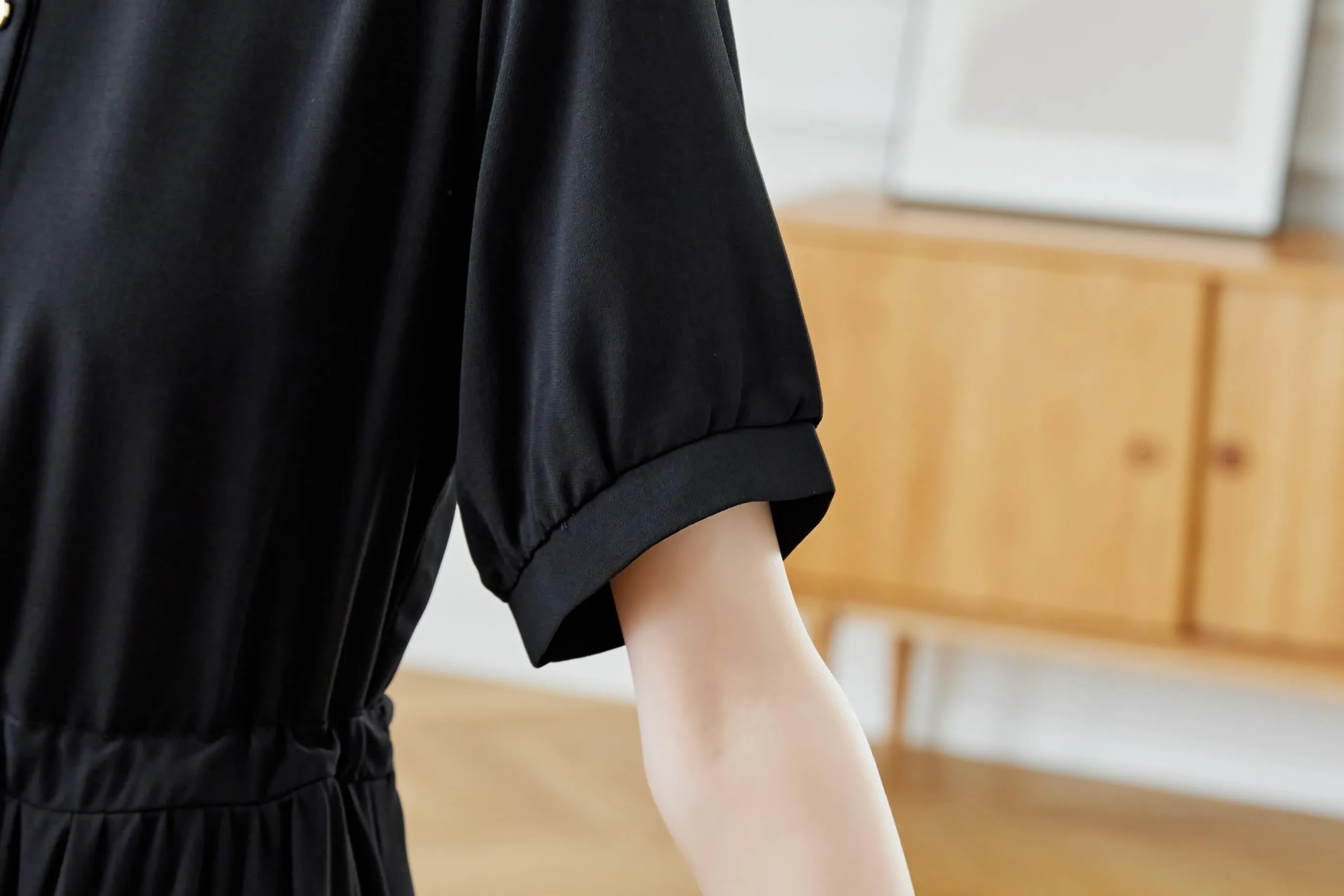 Women's Solid Color Chiffon Button-up T-Shirt Dress with Shirred Waist