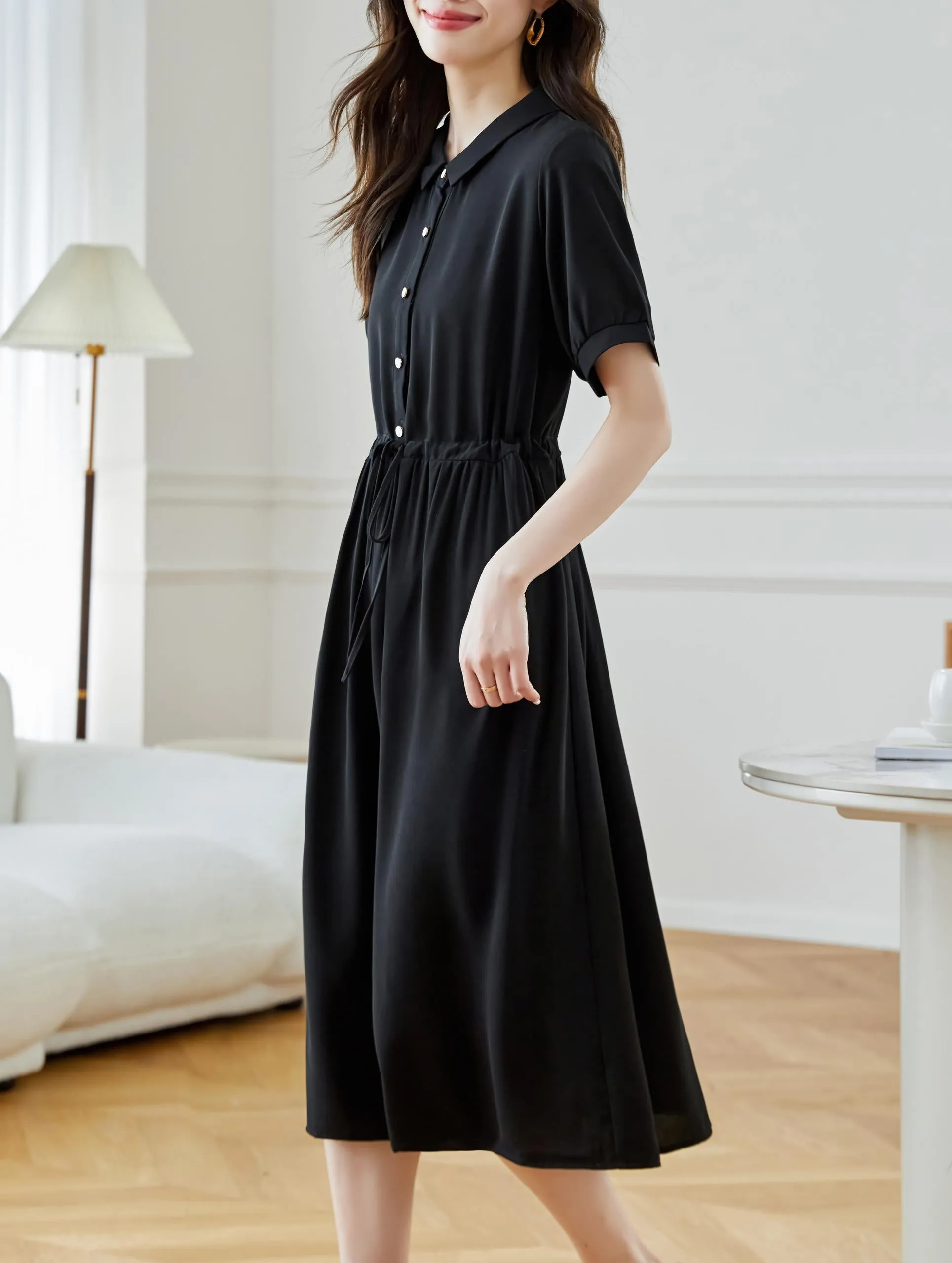 Women's Solid Color Chiffon Button-up T-Shirt Dress with Shirred Waist