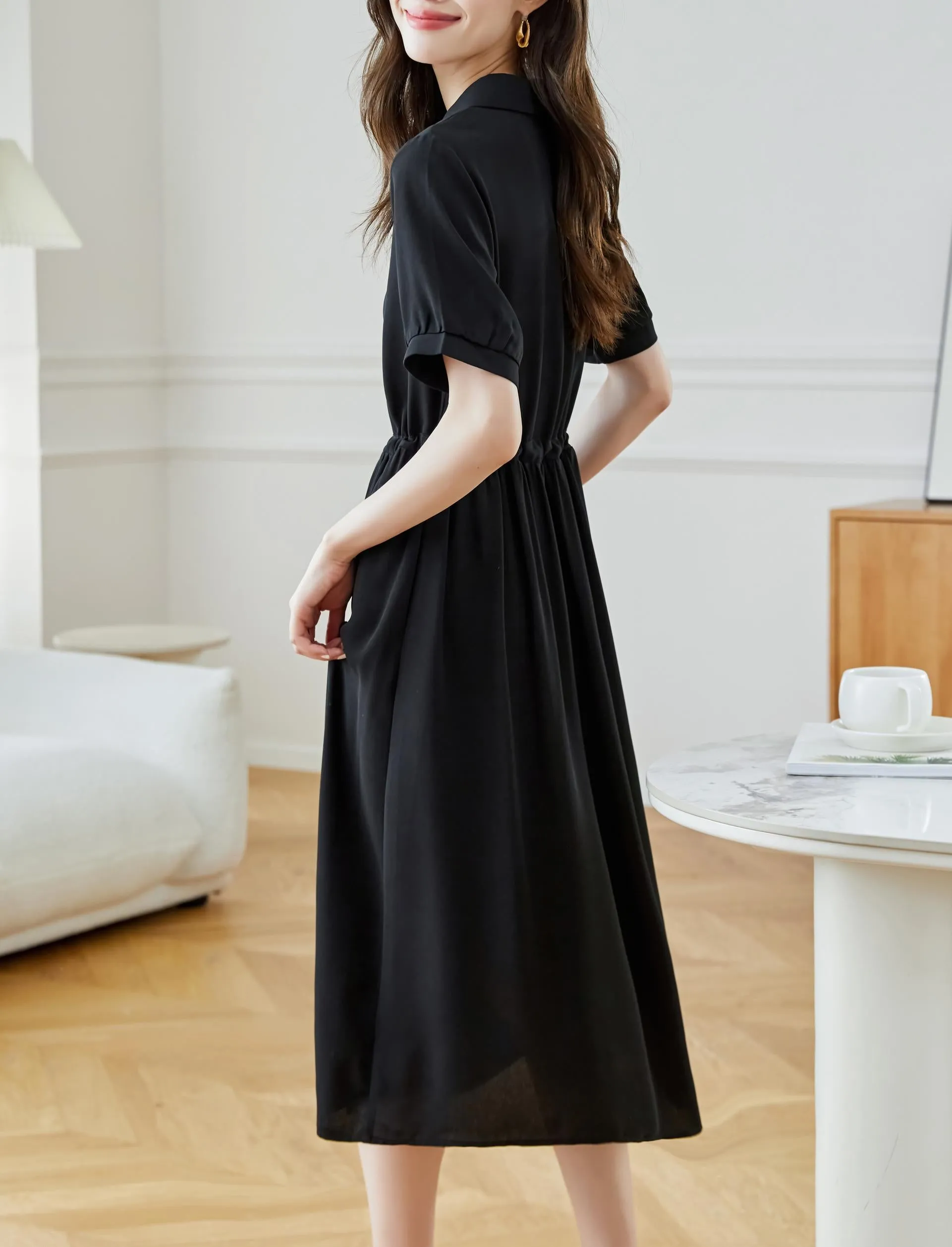 Women's Solid Color Chiffon Button-up T-Shirt Dress with Shirred Waist