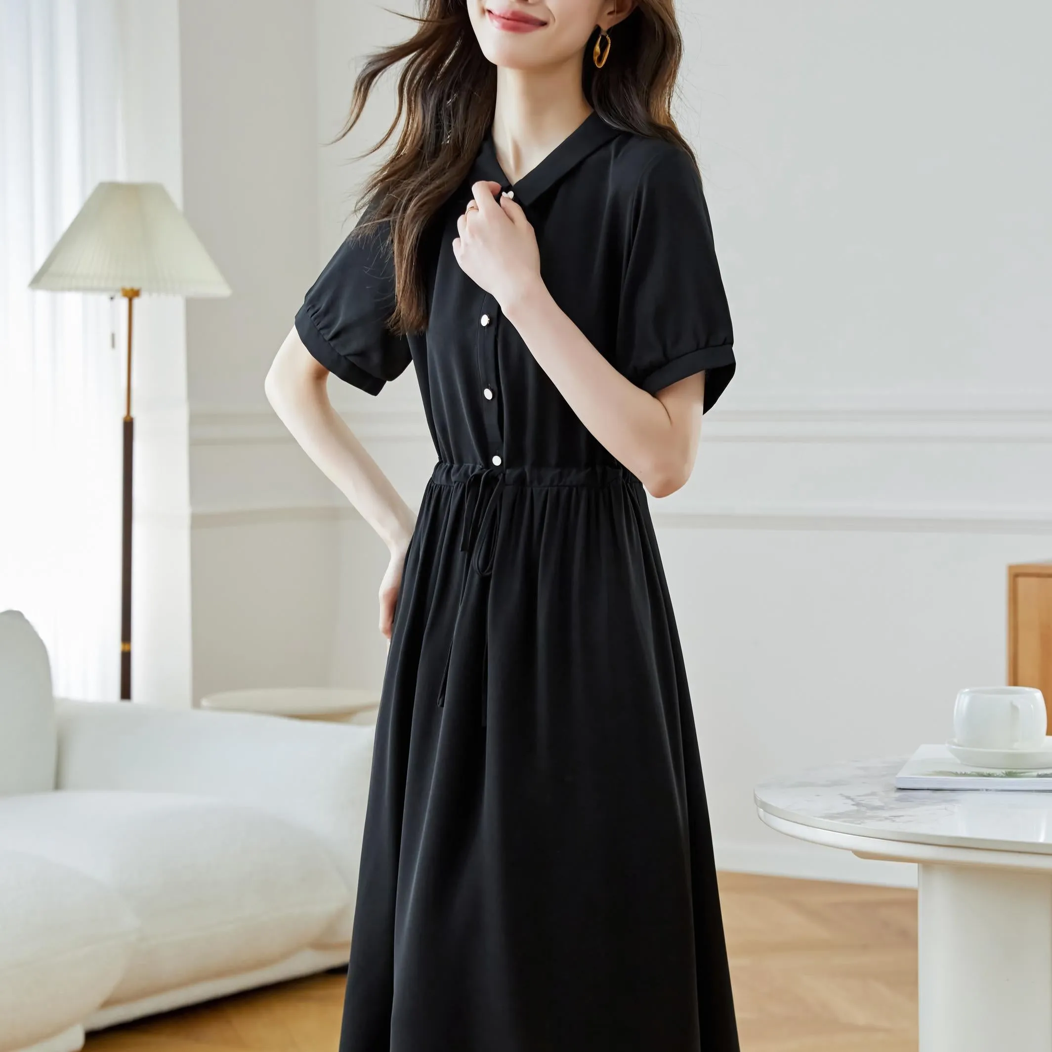 Women's Solid Color Chiffon Button-up T-Shirt Dress with Shirred Waist