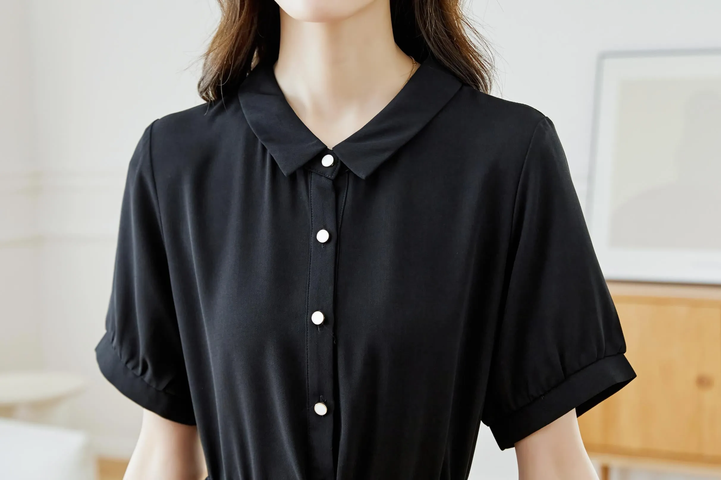Women's Solid Color Chiffon Button-up T-Shirt Dress with Shirred Waist