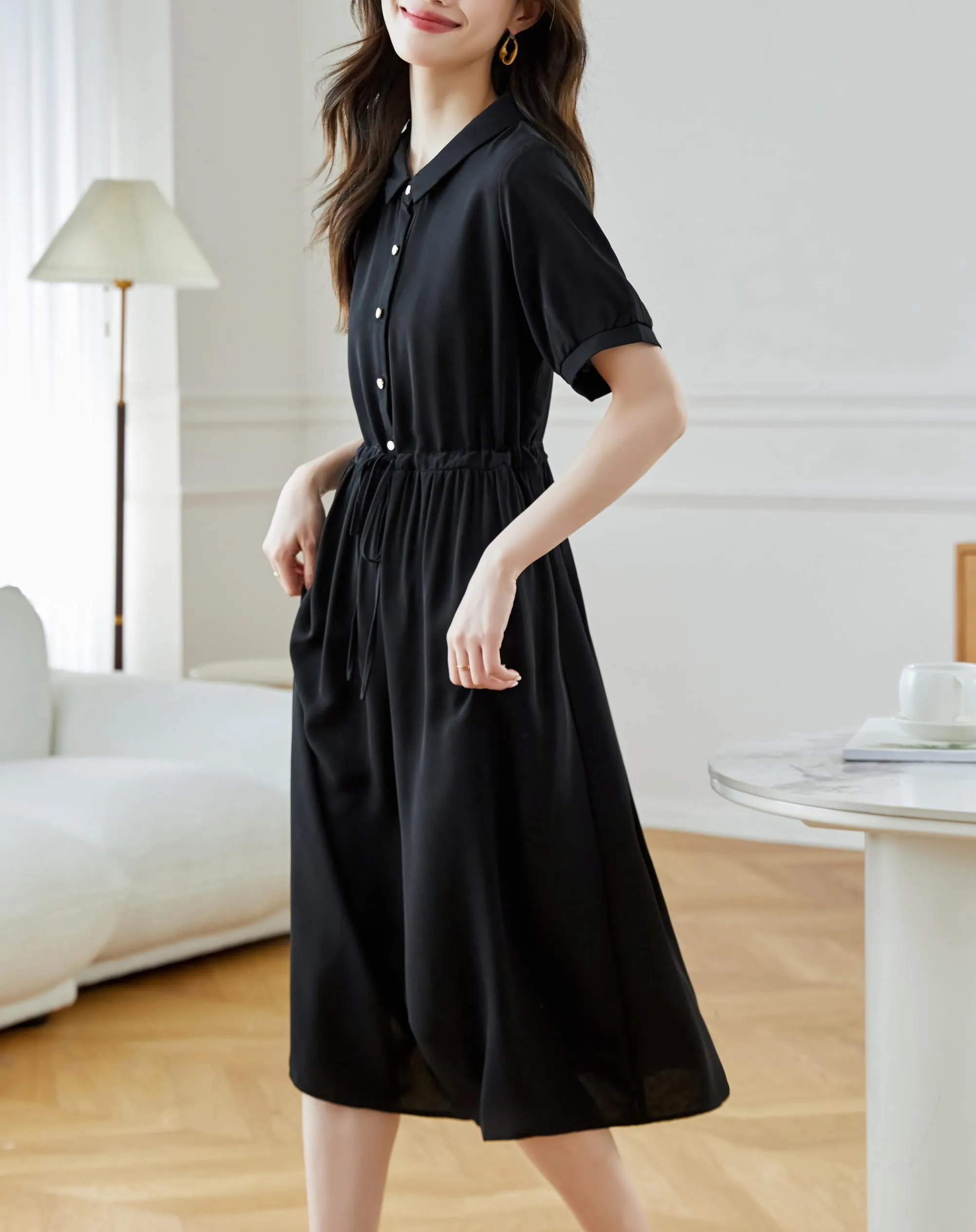 Women's Solid Color Chiffon Button-up T-Shirt Dress with Shirred Waist