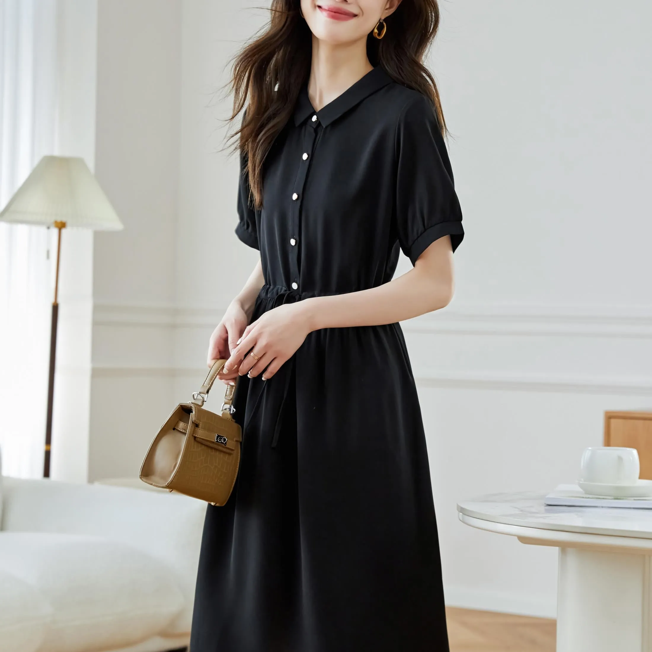 Women's Solid Color Chiffon Button-up T-Shirt Dress with Shirred Waist