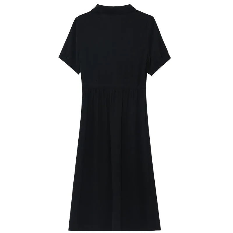 Women's Solid Color Chiffon Button-up T-Shirt Dress with Shirred Waist