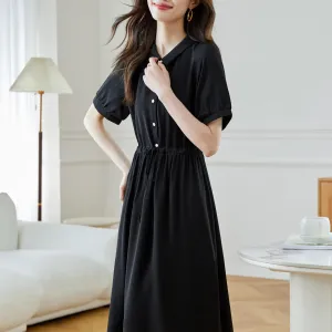 Women's Solid Color Chiffon Button-up T-Shirt Dress with Shirred Waist