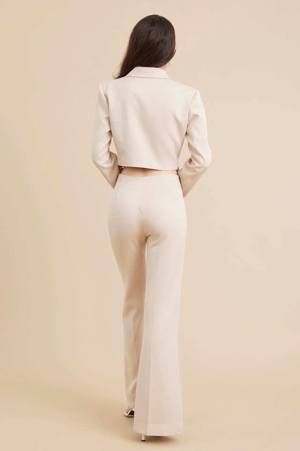 Woven Crop Blazer and Pants Set With Buckle Detail