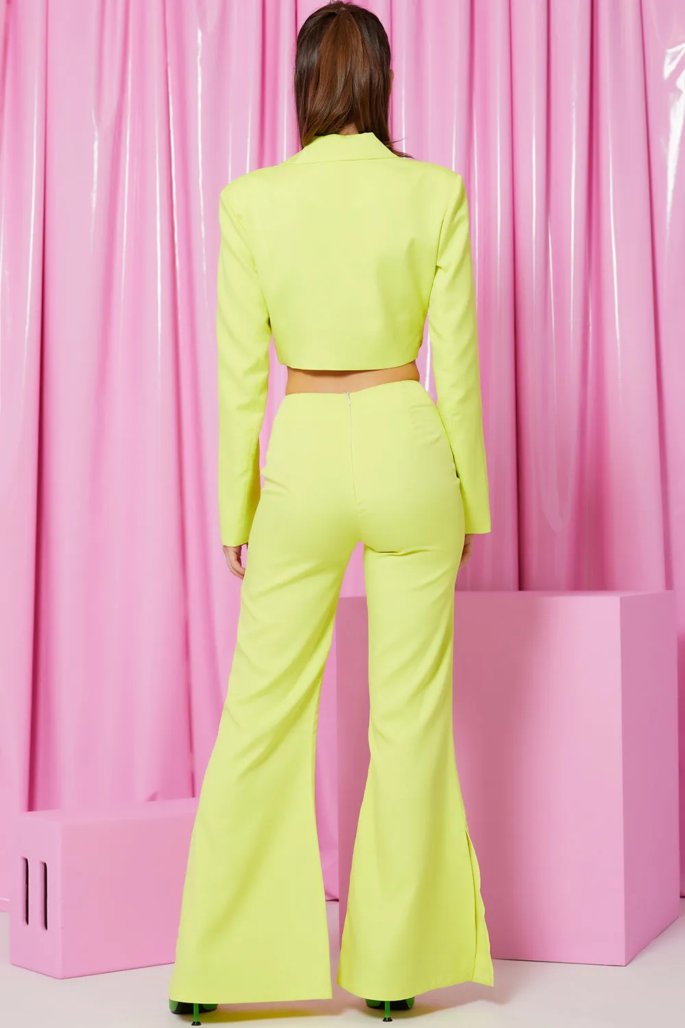 Woven Crop Blazer and Pants Set With Buckle Detail
