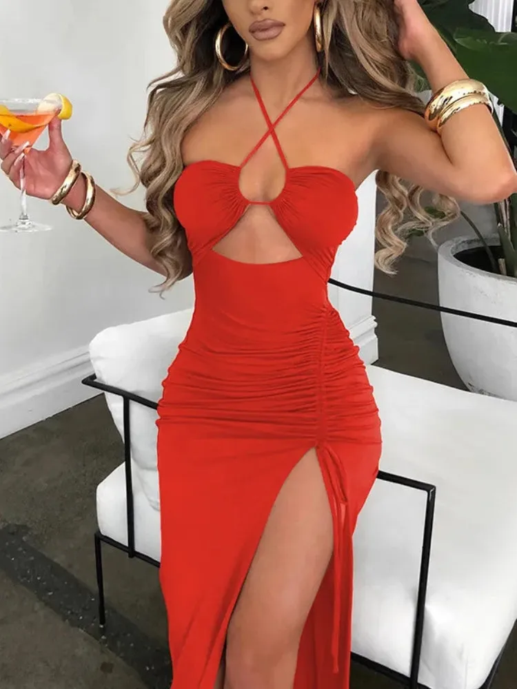 Y2K Ruched Slit Maxi Dress