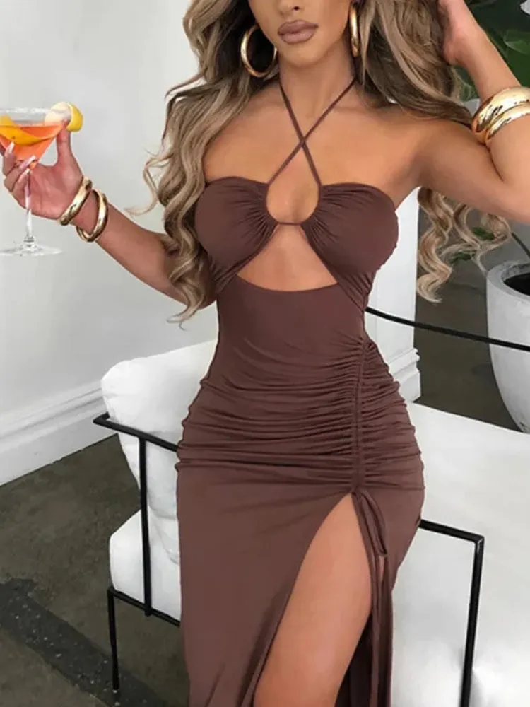 Y2K Ruched Slit Maxi Dress