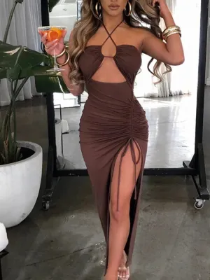 Y2K Ruched Slit Maxi Dress