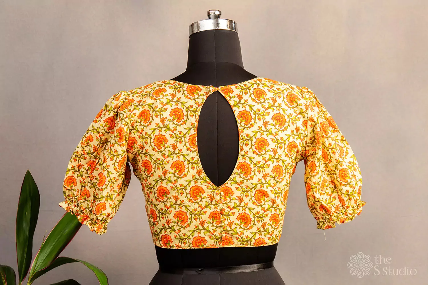 Yellow and orange printed cotton  blouse with neck pattern