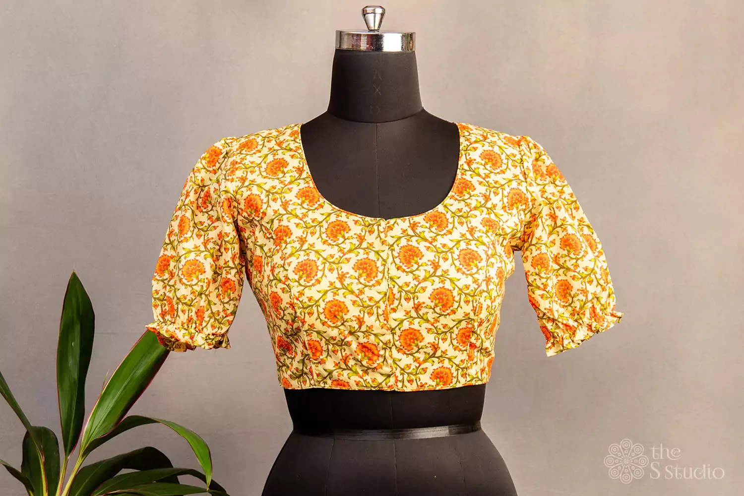 Yellow and orange printed cotton  blouse with neck pattern