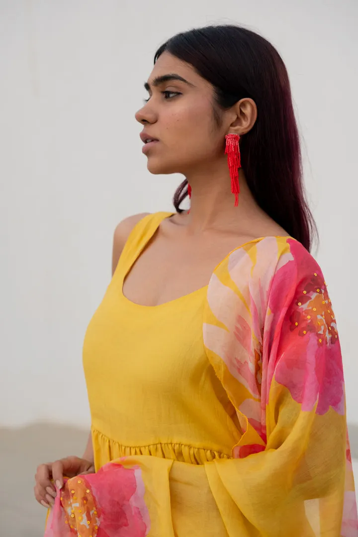 Yellow Fields Kurta Set with Floral Dupatta