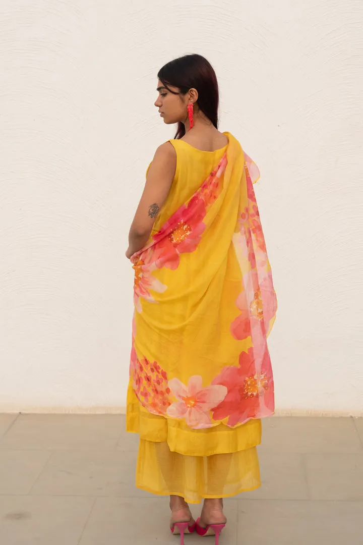 Yellow Fields Kurta Set with Floral Dupatta
