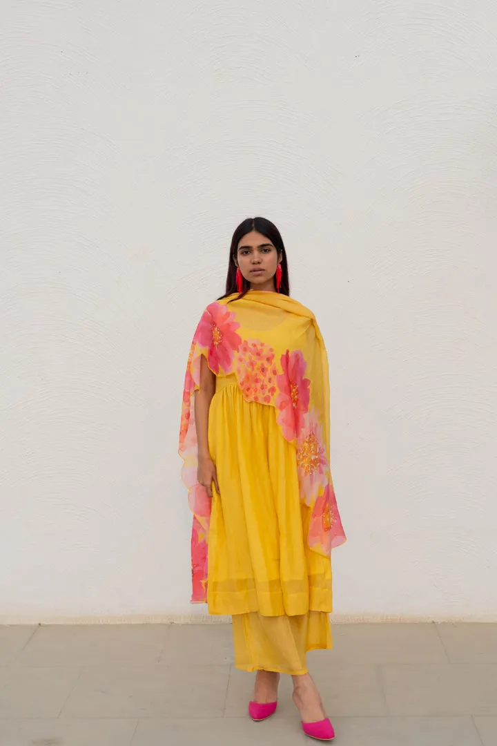 Yellow Fields Kurta Set with Floral Dupatta